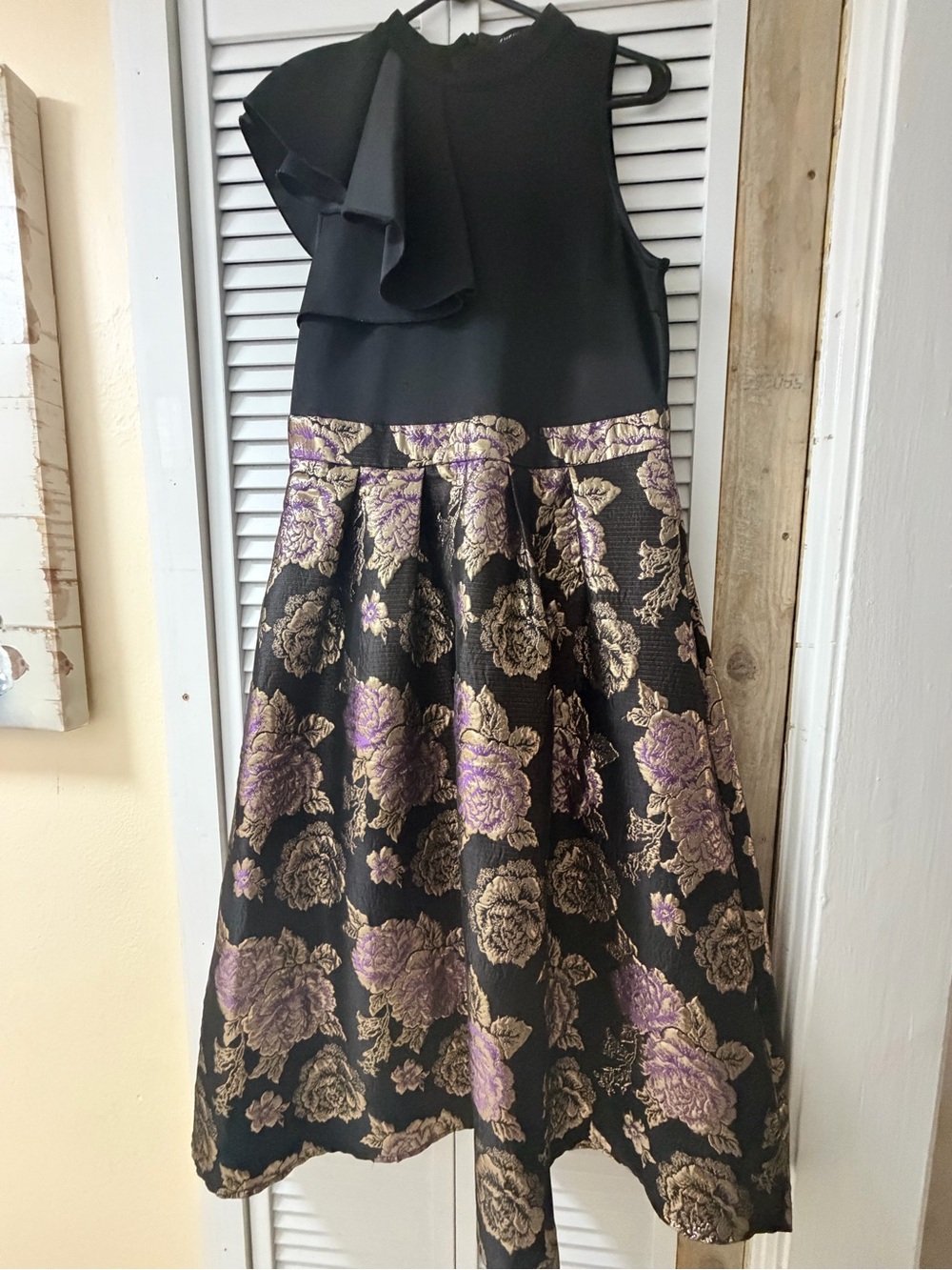 SHEIN Black Bodice Maxi Dress with Gold and Purple Floral Jacquard Skirt